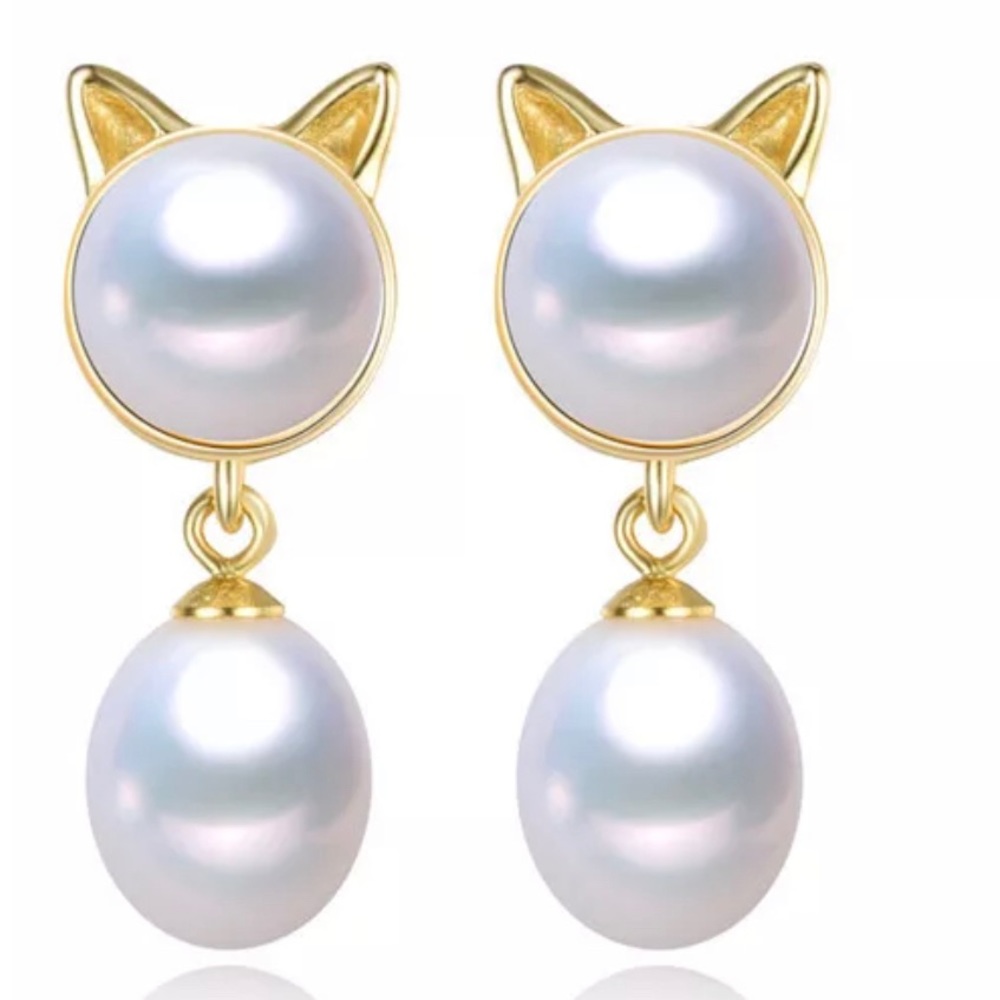 18K Gold Plated Over 925S Silver 8mm Freshwater Pearl Earrings Big Kitten Shaped - Picture 7 of 13